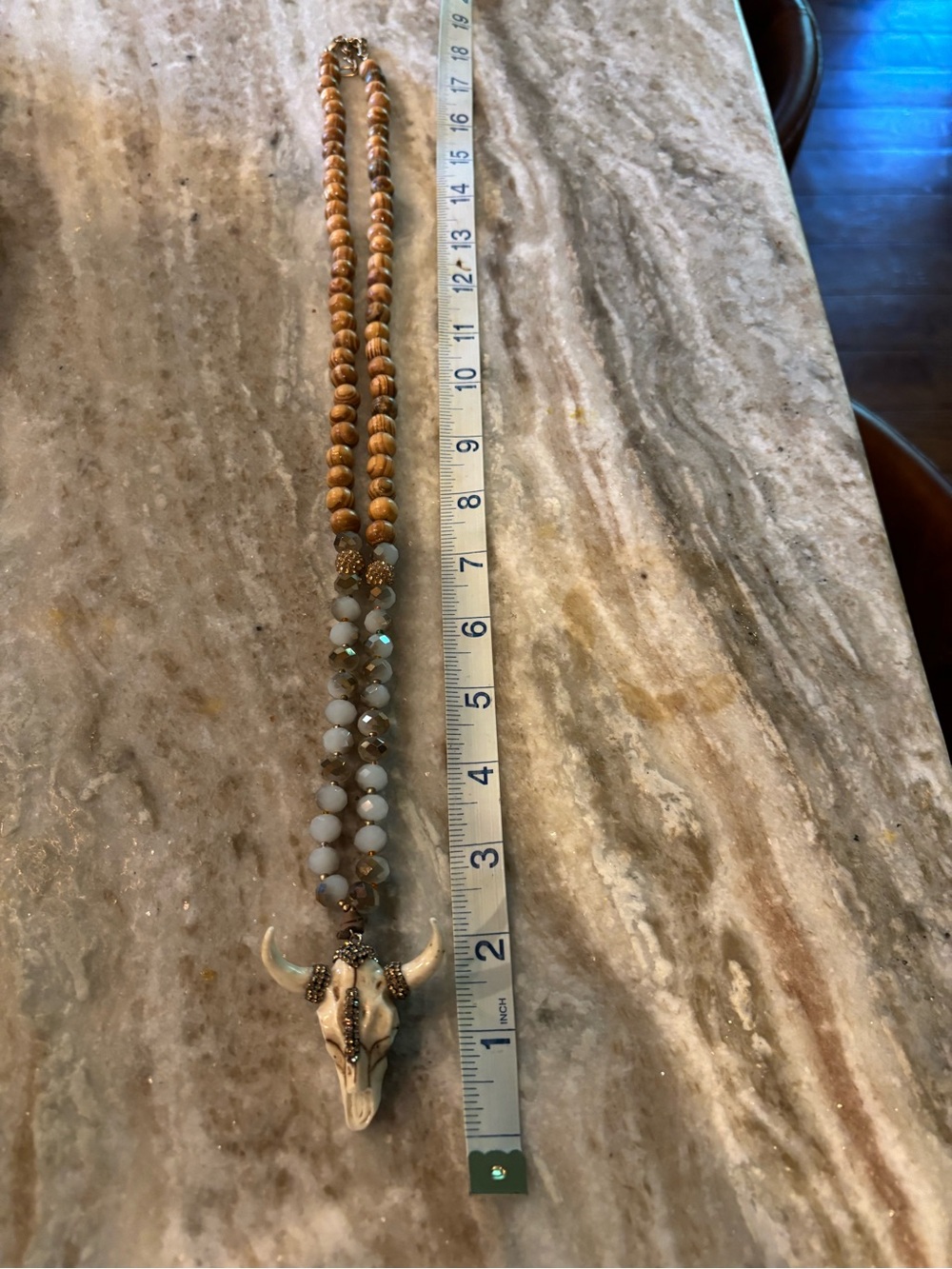Beaded Bull Skull Pendant Necklace in Brown and Cream